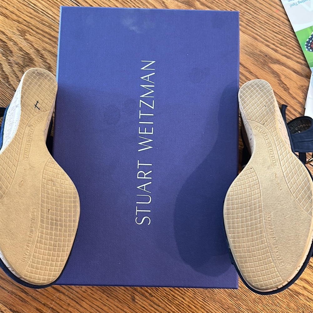 Stuart Weitzman Navy Fabric Cork Platform Wedge Sandals - Picture 10 of 10